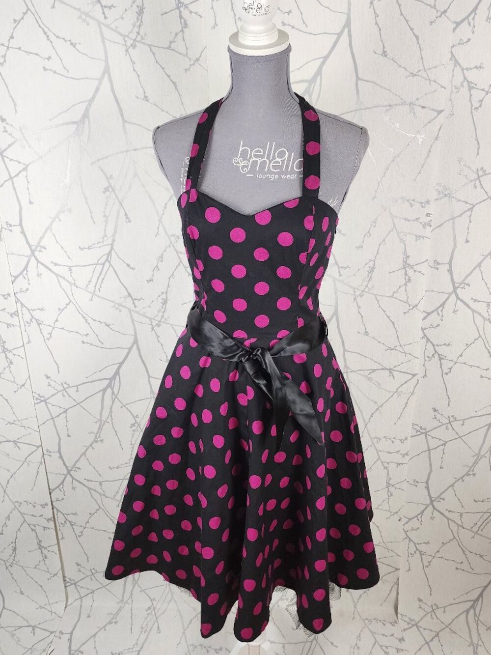 Hearts & Roses Black Pink Polkadot Fit & Flare Halter Dress